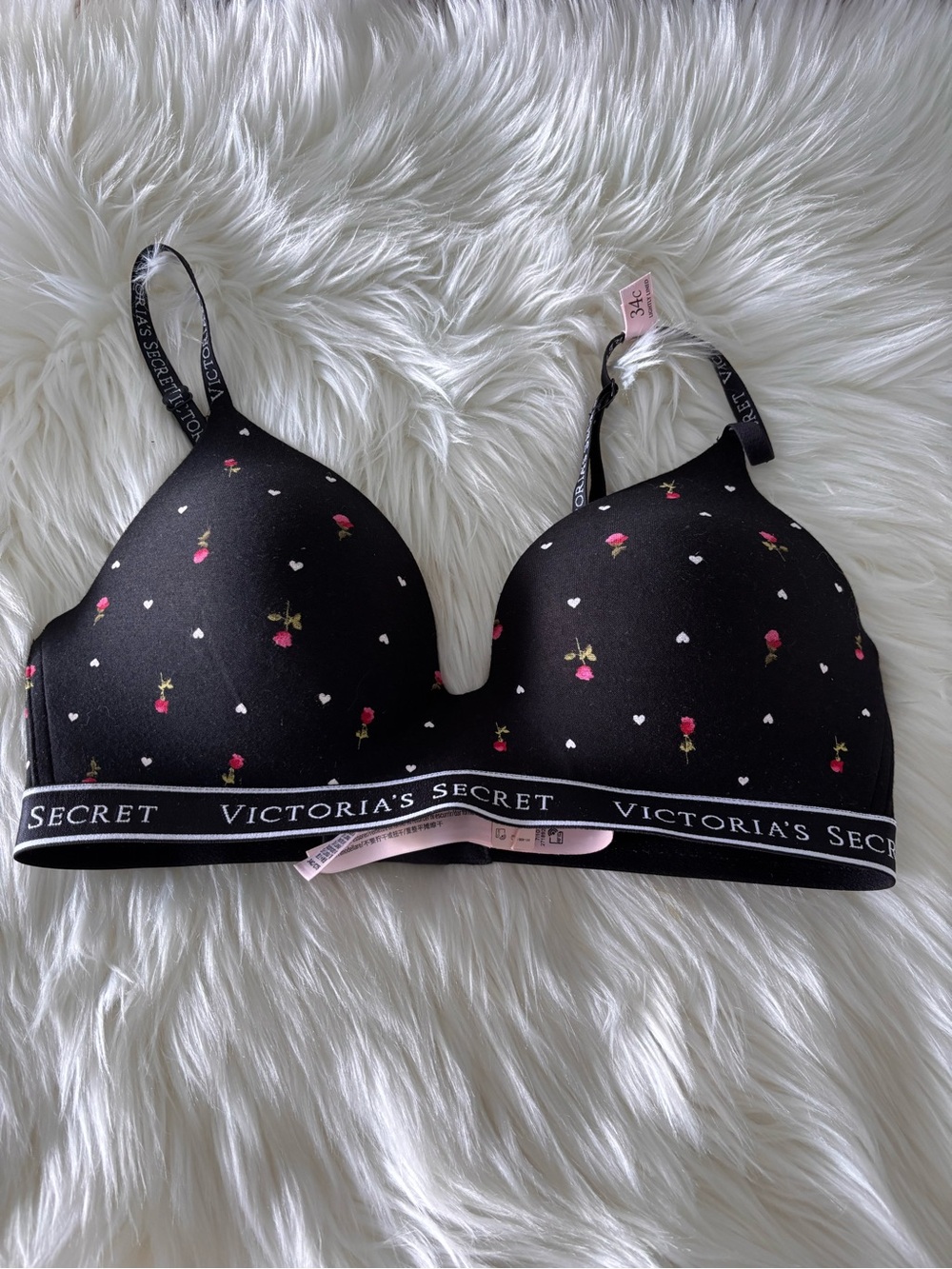 BNWT Victoria's Secret Black Floral Wireless T-Shirt Bra Size 34C